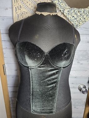 Victoria's Secret Black Green Celestial Grunge Velvet Sparkle Stars Bustier Top